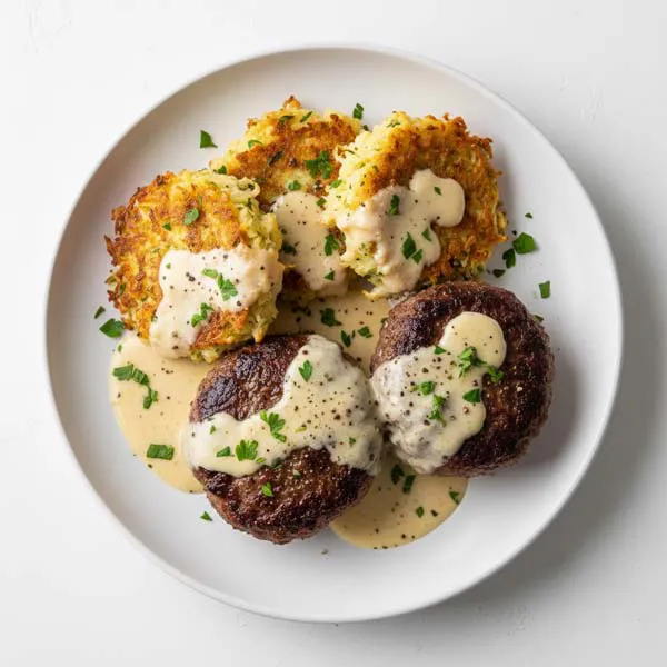 Rustic Beef Patties With Cauli Cake And Cheesy Garlic Sauce